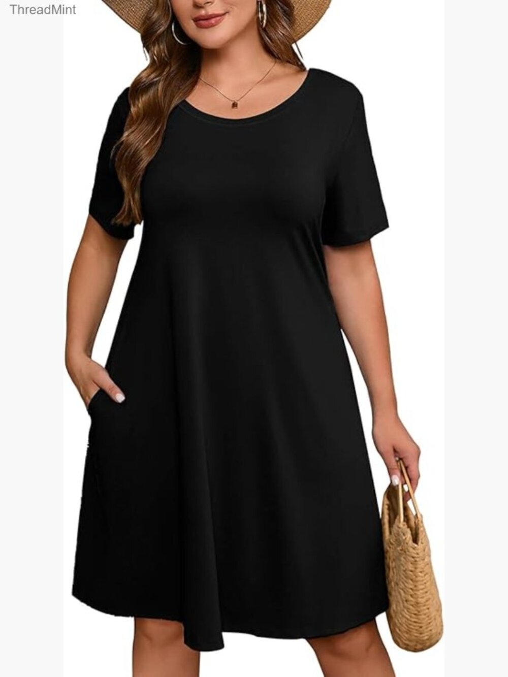 Plus Size Midi Dress Loose V Neck Short Sleeve Summer Casual A Line Sundress